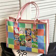 Miniso Túi tote in hình các nhân vật phim hoạt hình Toy Story của Pixar - Túi đeo vai bằng vải canvas in họa tiết lưới All-Star, túi xách cỡ lớn tiện dụng cho công việc, trường học, du lịch và mua sắm. - màu đen - Xem 2