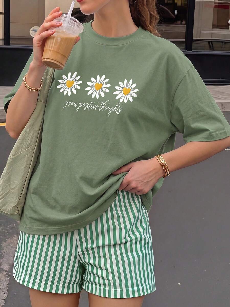 女款休閒短袖圓領T恤 - 印花圖案,柔軟舒適面料,可機洗,夏季度假上衣 - 草綠 - 查看 1