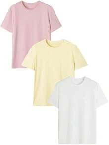 Set Of 3 Minimalist And Casual Summer Short-Sleeved Crew Neck T-Shirts, Versatile And Fashionable Tops For Women - 粉紅色,黃色和米白色. - 查看 3