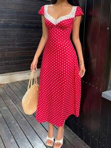 Unity Vestido midi de línea A con mangas cortas abullonadas, cintura alta, cuello con aplicación de corazón y encaje, estampado de lunares blanco y negro en patchwork.Minimalista, elegante y dulce, adecuado para uso diario, viajes, primavera/verano, mujeres - Rojo - Ver 4
