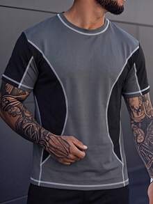T-shirt de manga curta folgada com patchwork colorblock para homem, verão - Cinza escuro - Ver 5