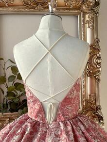 Lovelzi Vestido elegante, romántico y sexy de jacquard dorado, espalda descubierta, cintura con lazo, para fiesta de cumpleaños, baile, invitada de boda o graduación - Rosa vieja - Ver 6