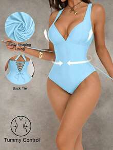 Traje de baño de una pieza con control de abdomen y push-up, con espalda cruzada, en color marrón con diseño de patchwork, elegante y sexy para fiestas y piscina - verde menta - Ver 8