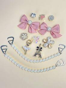 Enfeites de sapato perfurados com a Torre Eiffel, laço de strass delicado para meninas, ideais para sapatos de plástico. - Rosa - Ver 5