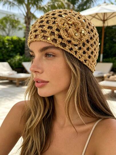 1 pièce Chapeau vintage tressé à fleurs de rose avec sequins ajourés, bandeau élégant pour femme, accessoire léger et respirant pour l'été, les vacances à la plage et les sorties décontractées