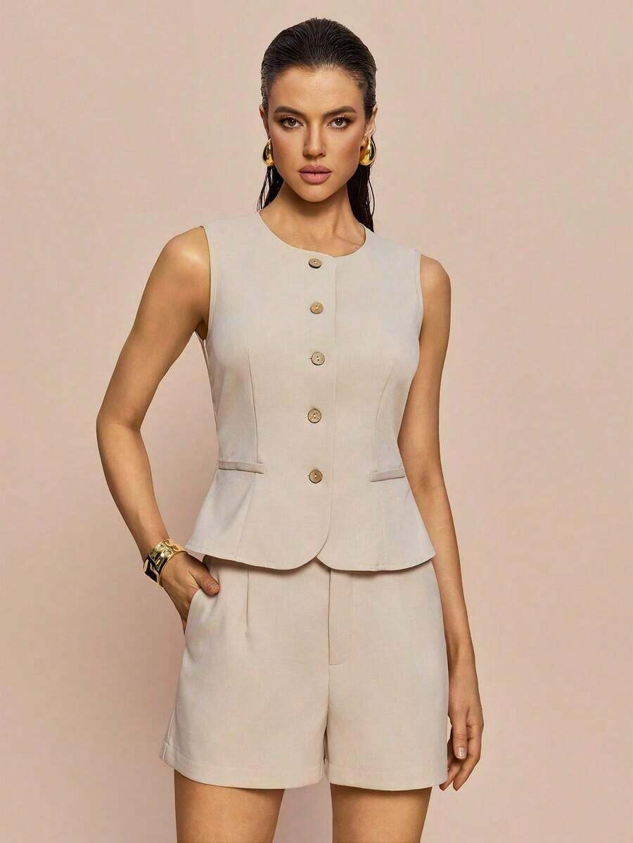 xheFranclia Conjunto de chaleco sin mangas y shorts para mujer, conjunto cómodo de vacacionesxhe - Caqui - Ver 1