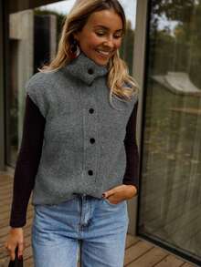 Women's High Neck Knit Vest, Button Detail Design, Regular Length, Medium Stretch, Suitable For Autumn And Winter Wear Fall - Grey - View 4