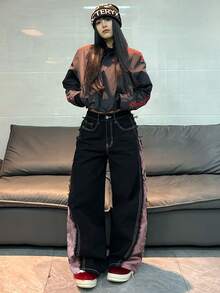 1pc American Street Style Colorblock Patchwork Women's Wide Leg Jeans, Loose All-Season Long Pants, Casual Pink - Pink - View 9