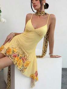 Vestido camisero de verano con estampado de lunares y bajo asimétrico para mujer - Amarillo claro 2 - Ver 2
