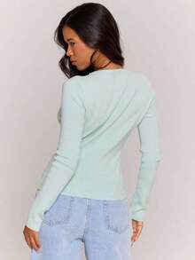 Top de cuello redondo de manga larga tejido, casual, para vacaciones, aeropuerto, días festivos, otoño, regreso a la escuela, elegante, primavera, verano - verde menta - Ver 4