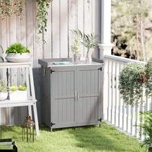 Casetta da giardino, armadietto portautensili da esterno, con piano di lavoro, in legno e acciaio inox, doppia , grigio - grigio - Visualizzare 1