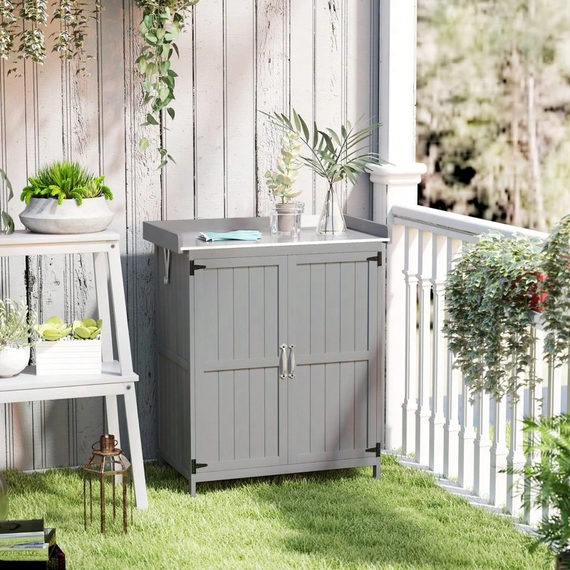 Casetta da giardino, armadietto portautensili da esterno, con piano di lavoro, in legno e acciaio inox, doppia , grigio - grigio - Visualizzare 1