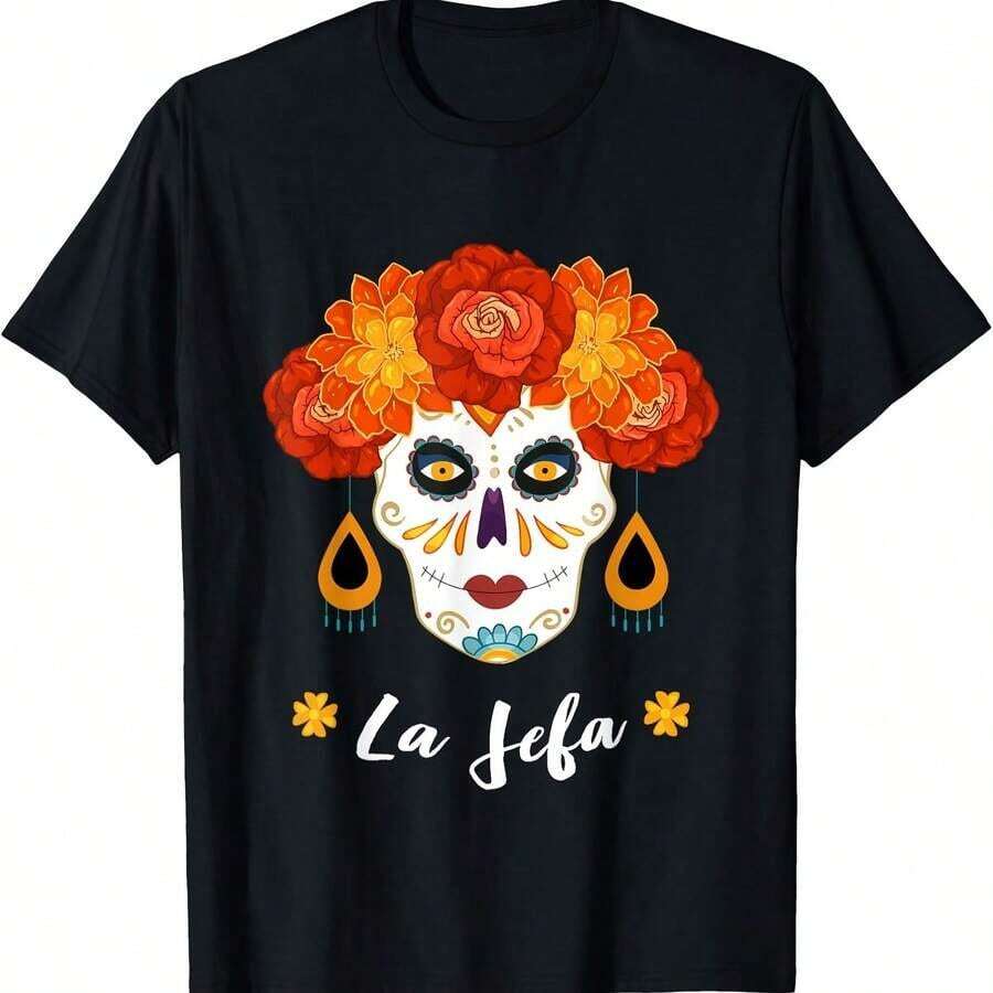 T-Shirt With A Fun Mexican Day Of The Dead Skull Print, Ideal For All Seasons. 220g Cotton, Printed On One Side, Round Neck, Short Sleeves. - 紅色的 - 查看 1