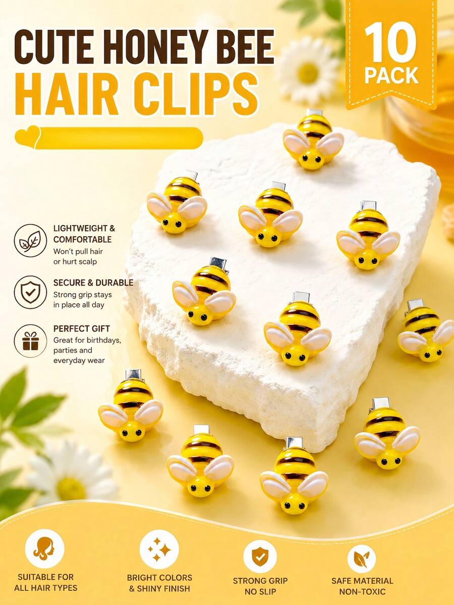 10/5pcs Cute Bee Shaped Hair Clips Set, Designed For Women, Cartoon Bee & Alligator Hair Clips, BB Clips, Resin Material, Non-Slip Design, Suitable For Daily Wear, Firm Grip, No Hair Damage Risk, Applicable For Daily Wear, Parties And Birthday Gifts,Hair Slide