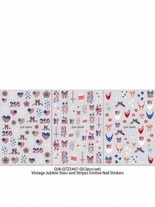 3pcs Retro American Flag Nail Art Stickers - Independence Day, Patriotic Heart & Bow Nail Decals - Independence Day / Music Festival / Party Holiday Summer Vibe DIY Nail Decoration - Multicolor - View 9