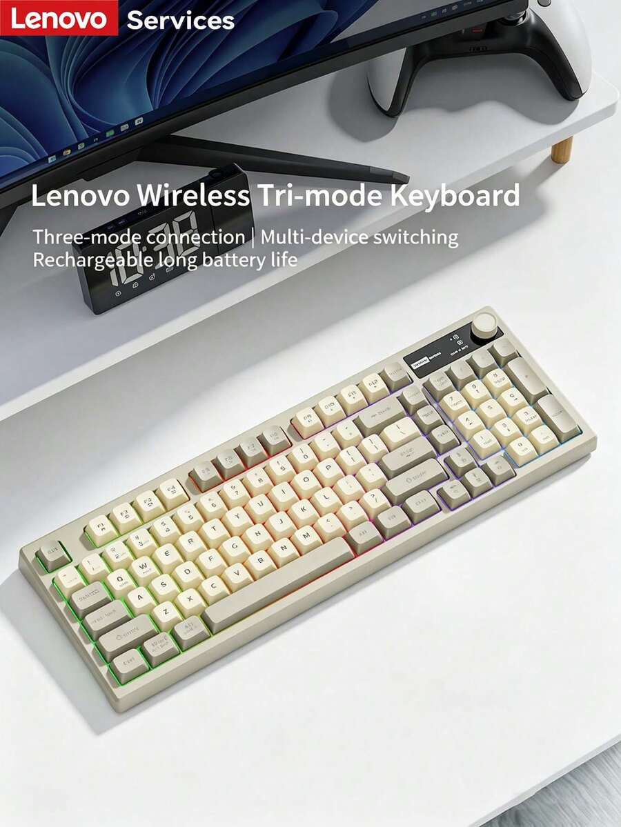 Lenovo 联想 K280 三模式无线 RGB 背光蓝牙 2.4G 游戏键盘,97 键紧凑型机械手感键盘,带音量旋钮,兼容 PC、Mac 和平板电脑 - 查看 1