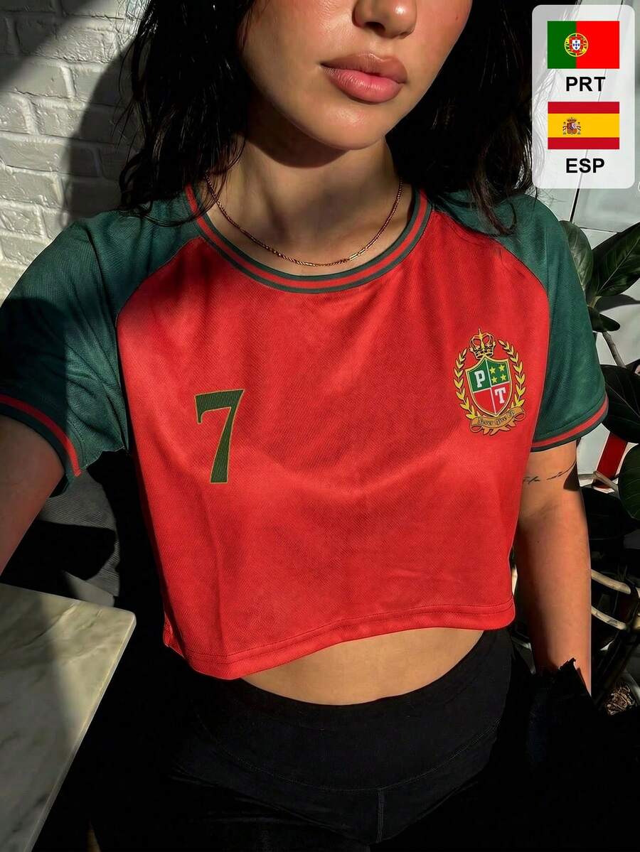 Women's Casual Portuguese Mesh Asymmetric Loose Short T-Shirt, Streetwear Style, Suitable For Summer And Spring, World Cup Red