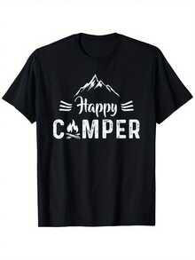 Camiseta Happy Camper, Camiseta de Regalo para Camping, Camiseta para Hombre con Estampado de Letras a la Moda, Corte Regular, Peso de Tela 180G, 100%, Tallas S-XXXL, Cuello Redondo, Camiseta Casual para Camping al Aire Libre - Negro - Ver 7
