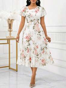 xheSHEIN Lady Vestido midi elegante con estampado floral, mangas asimétricas con volantes para mujerxhe - Multicolor - Ver 4