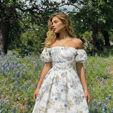 MOD Vestido blanco de longitud media con hombros descubiertos, mangas abullonadas y lunares, para el Día de San Valentín, atuendos de San Valentín para mujeres, carnaval, boda, estilo retro de los 70, vintage - Azul y blanco - Ver 8