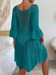 Swim Vcay Vestido cover up de croché en contraste de manga con volante - Blanco - Ver 8