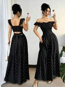 Vestido casual de verano para mujer con estampado de lunares y volantes en el bajo con detalle de lazo en la espalda - Blanco y Negro - Ver 1