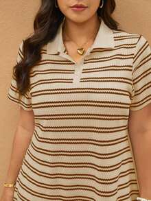 Elaquor Vestido de manga corta con cuello a rayas talla para mujer, nuevo vestido casual para mujer para picnic, vestido casual de negocios para mujer de talla - Albaricoque - Ver 2
