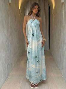 fsfvgsAloruh Nuevo vestido largo con cuello halter, plisado, sin espalda, con decoración de bolas metálicas, talla grande, silueta favorecedora en color champánsbfb s 15F2 - Beis - Ver 7