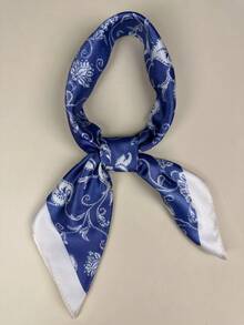 1pc Women's Bohemian Style Colorful Floral Pattern Square Silk Scarf, Elegant Neckerchief Headscarf Hair Accessory - Royal Blue - View 3