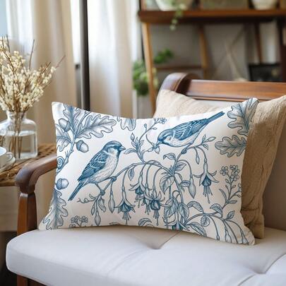 MEMNUN 1pc Line Art Blue & White Floral Bird Print Cushion Cover, Home Decor Pillow Sham, Polyester Fabric Single-Sided Printing, 11.81*19.71in(30*50cm)/15.75*23.62in(40*60cm), Suitable For Sofa, Bed, Bedroom, Office, Hotel, All Seasons, Gift