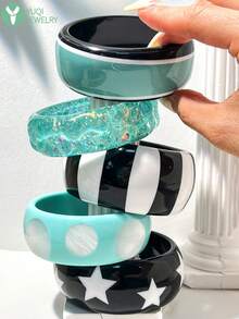 1pc Vintage Asymmetrical Resin Bracelet With Sparkle, Non-Electroplated Handmade Contrast Color Design, Suitable For Music Festivals, Parties, And Daily Wear - Multicolor B - View 4