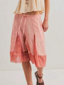 Women's Knee Length Shorts Casual Stylish Lace Patchwork Drawstring Mid Rise Shorts for Summer - Rosa - Ver 3