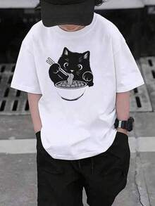Camiseta De Manga Corta Con Estampado Suave Para Adolescentes, Camiseta Gráfica Para Niños Con Un Lindo Patrón De Gatito Comiendo Fideos, Elegante Camiseta De Cuello Redondo De Manga Corta Para Uso Casual De Verano, Tela Suave Y Cómoda, Colores Vibrantes Comodidad Increíble Que Dura Todo El Día Es La Base Versátil Para Innumerables Looks Un Regalo Considerado Sin Esfuerzo Que Demuestra Que Te Importa Temporada Tras Temporada Camiseta Casual De Verano Cómoda Para Uso Diario Al Aire Libre - Blanco - Ver 1