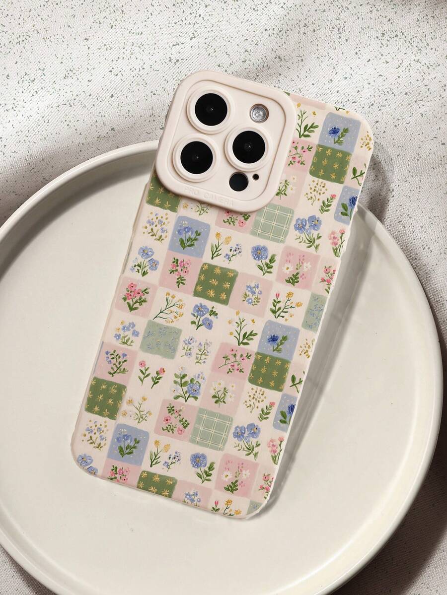 Floral Checkerboard Patchwork Floral Flower Print Pattern Liquid Silicone Mobile Phone Case Full-Body Protection Shockproof Anti-Fall TPU Soft Rubber Case Compatible With IPhone &Compatible With Samsung Galaxy - Multicolor - View 1