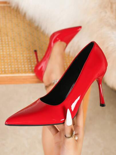 Women's Elegant Stiletto Heels, Fashion Pointed Toe, Versatile Lightweight Red High Heels, Glossy Sparkling Sexy High Heel Pumps