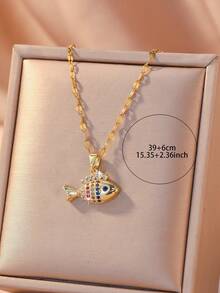 1pc Fashion Vintage Colorful Zirconia Small Fish Pendant Women's Necklace, Gold And Silver Dual-Tone Lightweight Luxury Niche Collarbone Chain, Suitable For Daily Wear, Holiday, Anniversary, Birthday Gift For Girlfriend - Multicolor - View 2