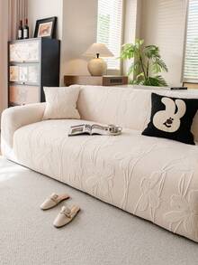 1pc Plush Velvet Sofa Cover, High Stretch Multi-Functional Full Coverage Sofa Slipcover, Geometric Pattern Design Thick Material, Protect Sofa Holiday Decor Sofa Cover, High Elasticity One-Piece Sofa Cover - Beige - View 4