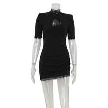 Vestido popular manga corta unicolor con encaje combinado y calado para fiesta - Negro - Ver 8