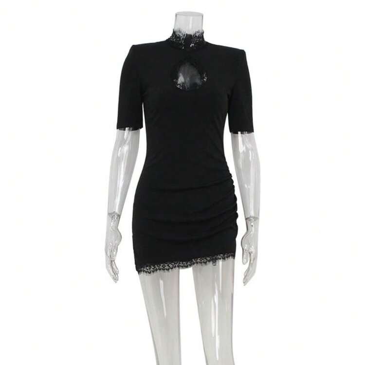 Vestido popular manga corta unicolor con encaje combinado y calado para fiesta - Negro - Añade 8