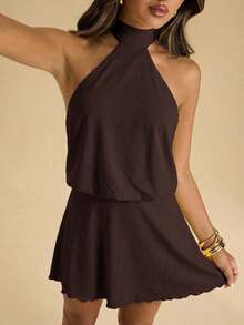 Vestido mini con espalda descubierta y lazo delantero para mujer, de unicolor minimalista, adecuado para la playa y vacaciones - Amarillo 2 - Ver 10