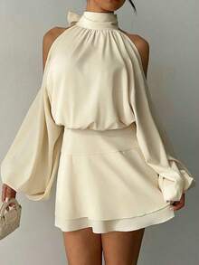 Vestido mini de manga larga de unicolor para mujer, diseño de manga farol vestido línea A, vestido de fiesta, vestido de cita, vestido de té de la tarde, otoño/invierno - Albaricoque - Ver 4
