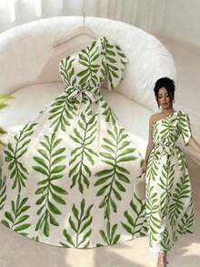 xheElenzga Vestido ajustado con mangas abullonadas, cintura con lazo y estampado floral elegante para mujer, azul y blanco, primavera/veranoxhe - Verde - Ver 1