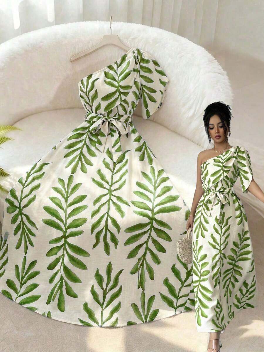 xheElenzga Vestido ajustado con mangas abullonadas, cintura con lazo y estampado floral elegante para mujer, azul y blanco, primavera/veranoxhe - Verde - Ver 1
