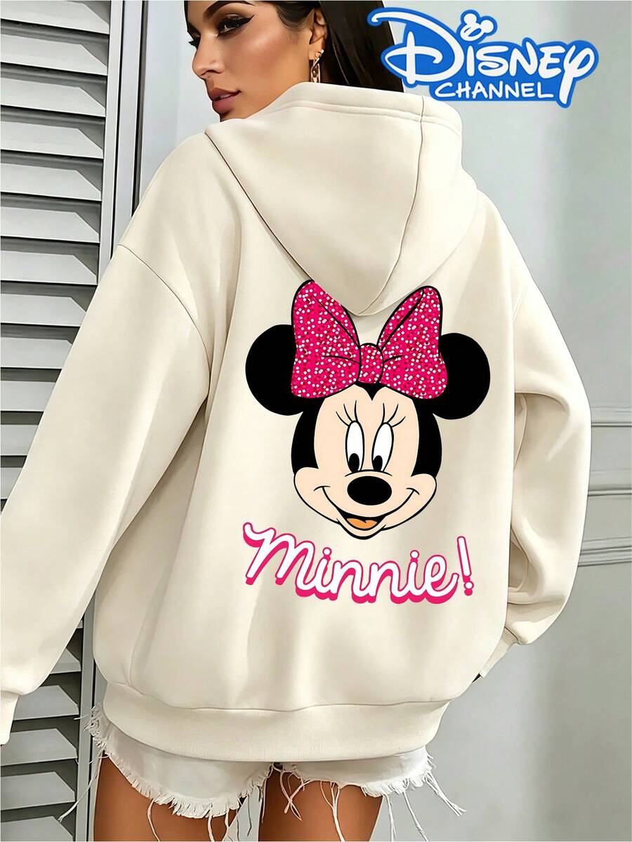 Disney Pink Sparkly Bow Minnie Mouse Print Simple Letter Hoodie,  Women's Hoodie, Men's Hoodie,Fathers Day Gift,Fourth Of July,Disney Collaboration - 杏色 - 查看 1