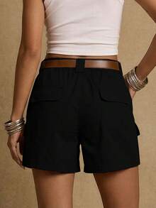Solid Color Casual Cargo Shorts Summer (Belt Not Included) Black - Black - View 2
