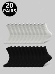 1/5/10/20 paires de chaussettes mi-mollet de couleur unie noire et blanche pour hommes, chaussettes toutes saisons, non compressives, convenant aux sports, à la course, à la fitness - Multicolore - Voir 22