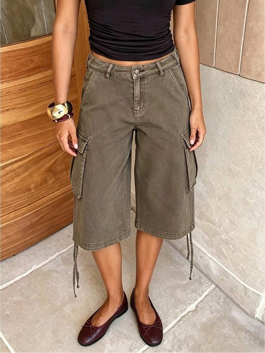 Women Loose Fit Denim Shorts Solid Color Camouflage Zip Fly With Button Closure Knee Length Bermuda Cargo Shorts - Dark Brown - View 1