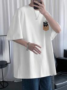100% Cotton. Minimalist. 1pac Men's 100% Polyester Black Cat Print T-Shirt, Casual Short-Sleeved Crew Neck T-Shirt, Suitable For Summer Outdoor Wear, Loose Fit And Breathable Fabric. Vintage Summer T-Shirt. - White - View 7