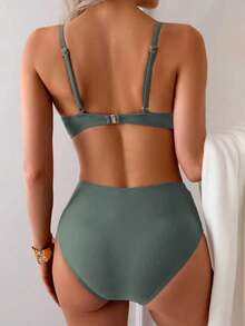 Maillot de bain bikini sexy et élégant de style bohème à bretelles spaghetti, couleur unie, ensemble deux pièces doux pour vacances à la plage en été - Gris - Voir 3