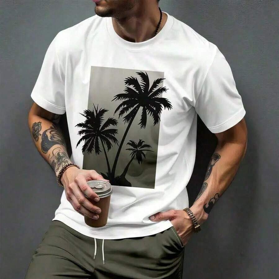 Camiseta de manga corta con estampado de palmeras con - Blanco - Ver 1